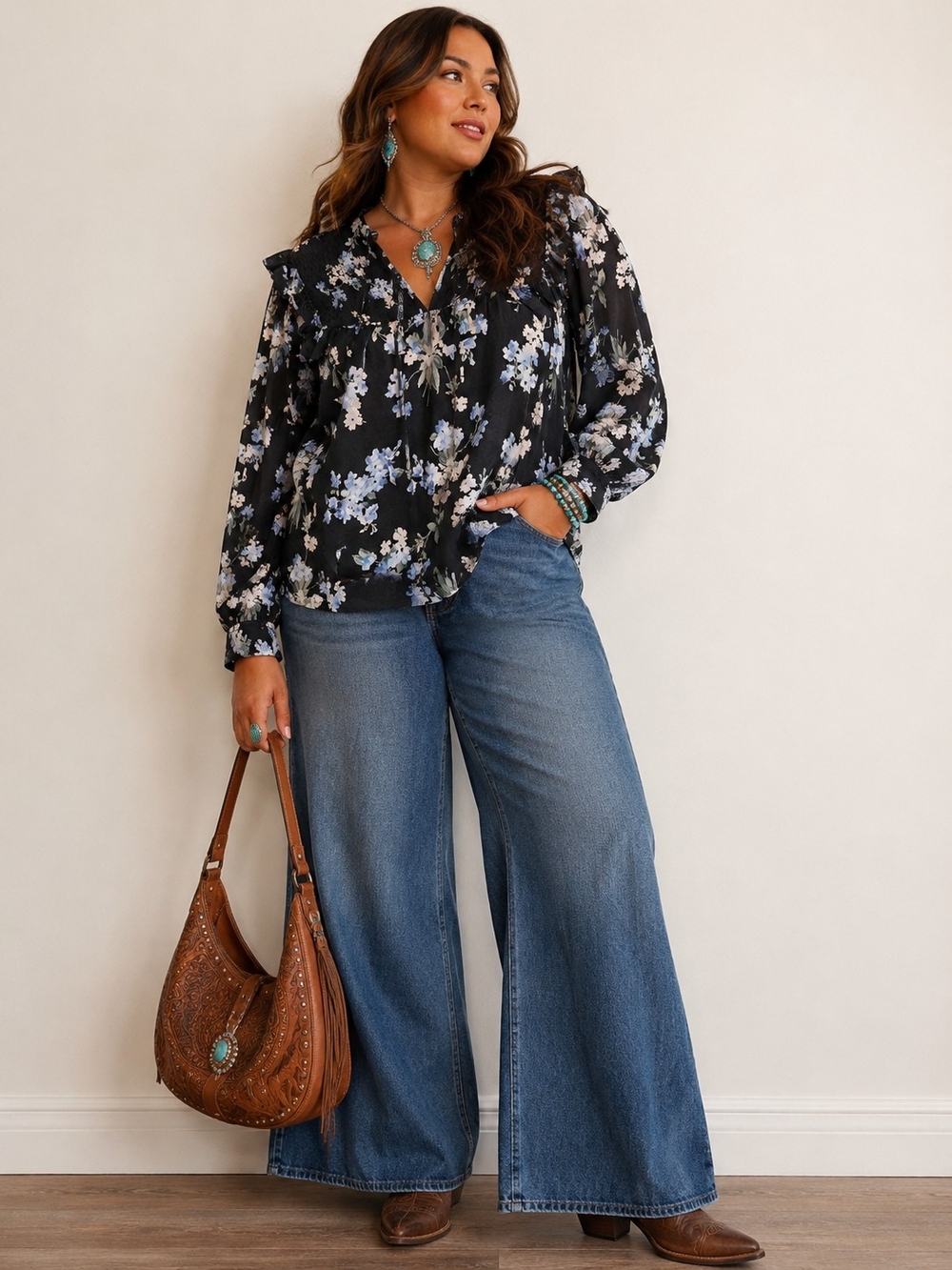 H&M Black Blue Floral Smocked Ruffle Boho Peasant Blouse Top Women's L/XL